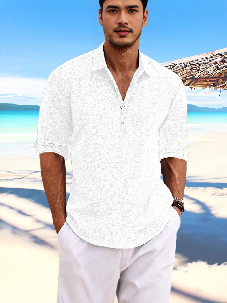 Men's linen-blend henley shirt in white, V-neck collar, short cuffed sleeves