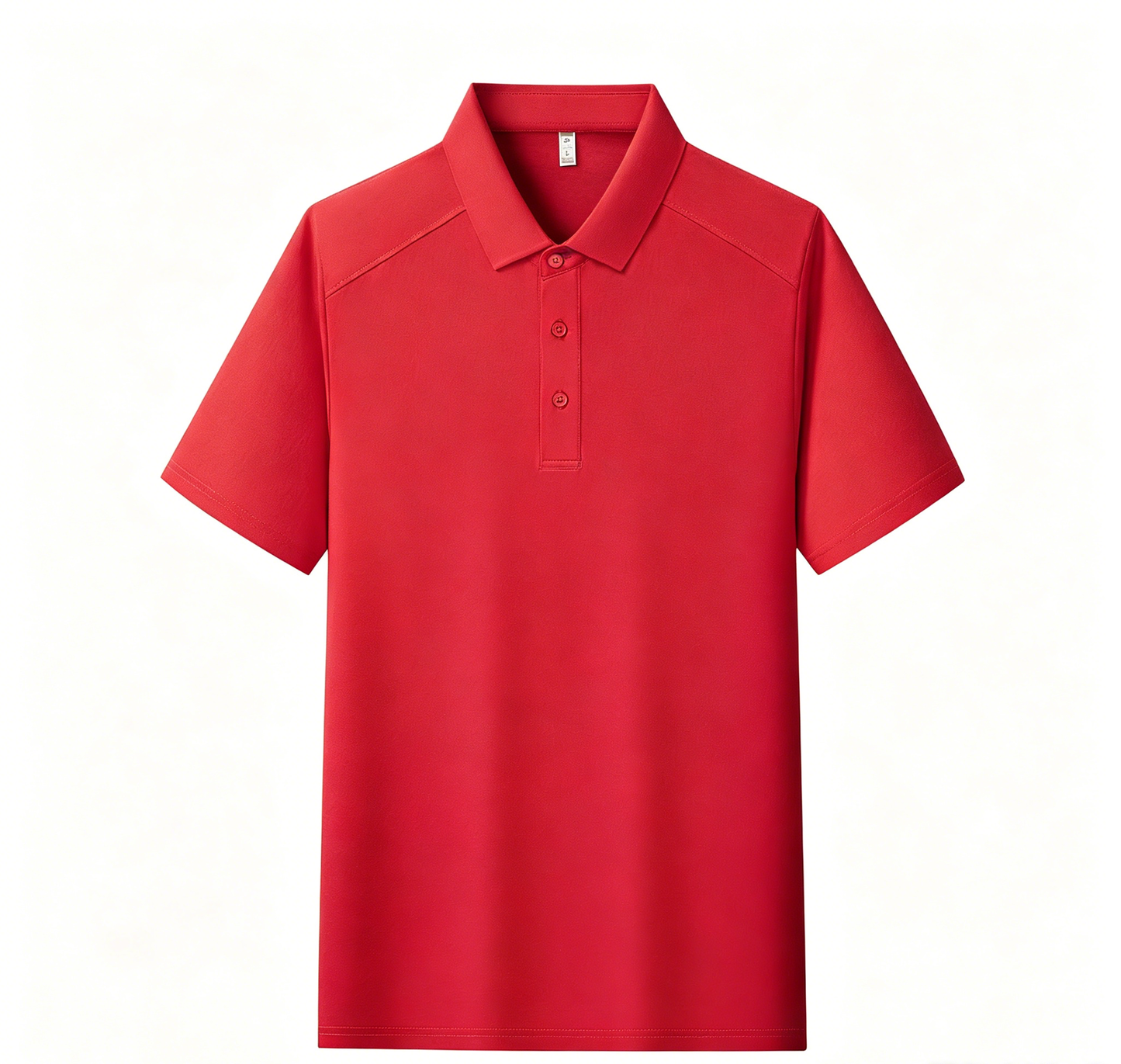 Men's polo shirt, short sleeves, red with button placket and folded collar.