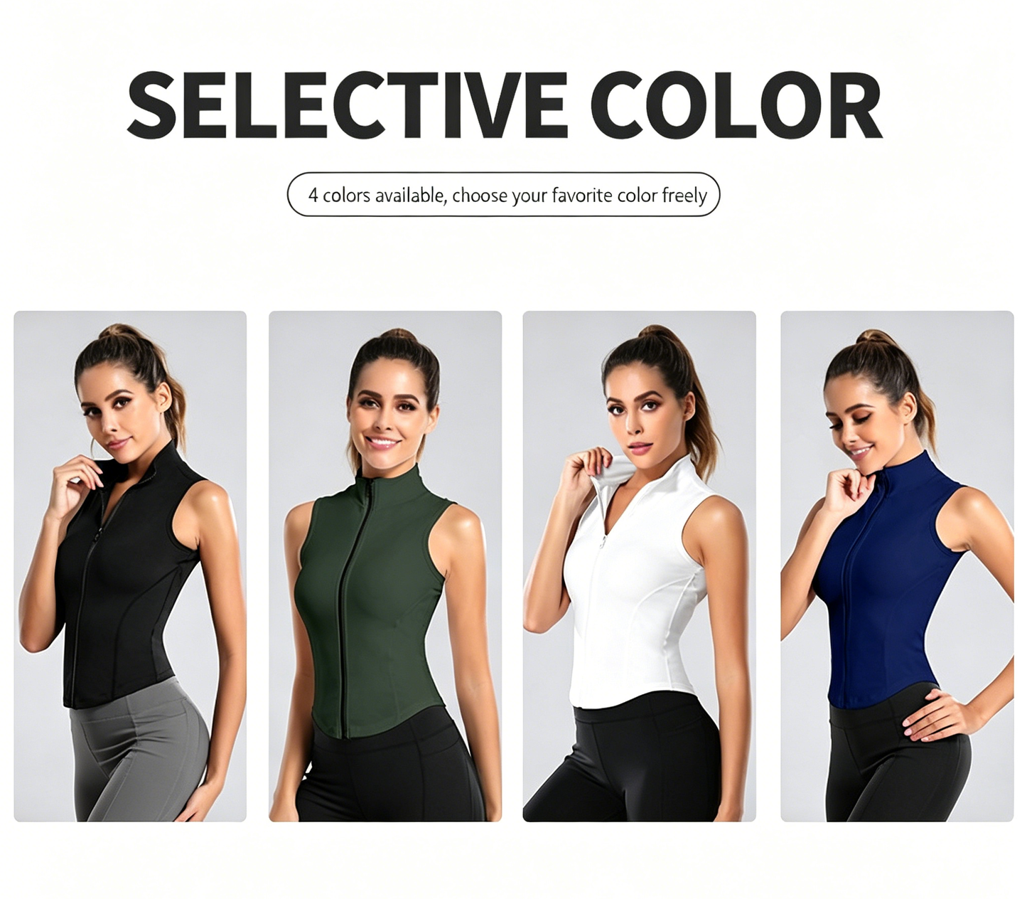 Zip sleeveless running tank top color options: black, green, white, navy