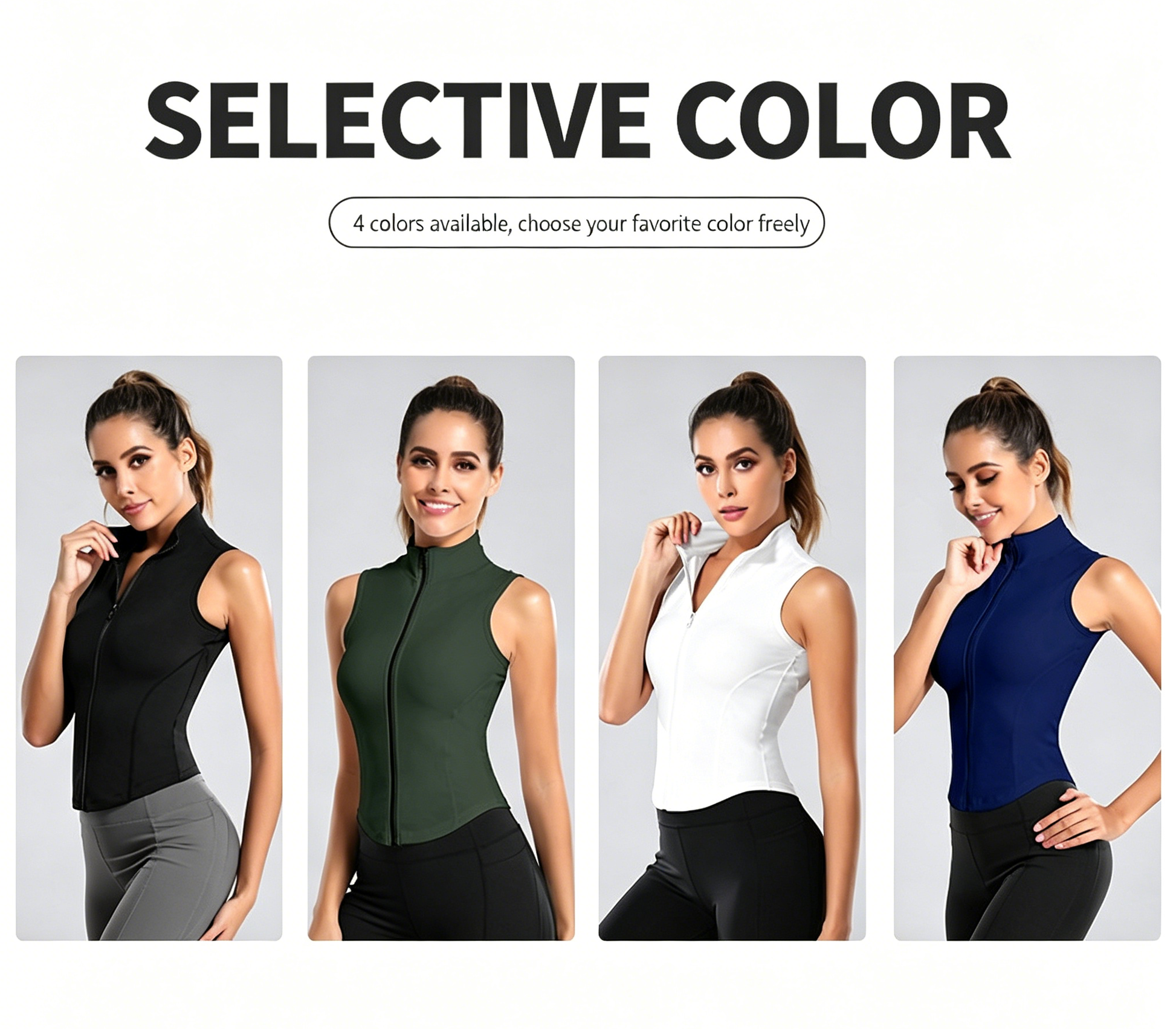 Zip sleeveless running tank top color options: black, green, white, navy