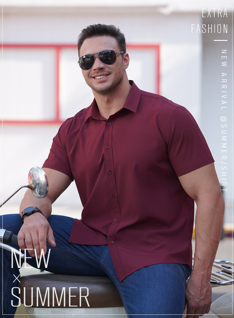 Maroon men’s short-sleeve button-up business shirt with a pointed collar