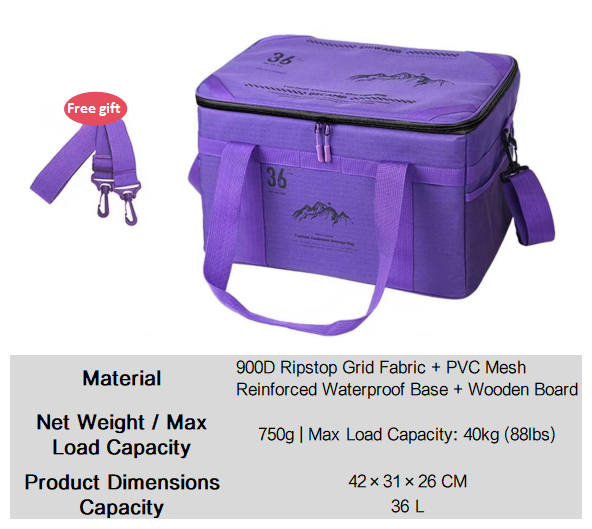Purple tactical camping storage bag with zip lid, front pocket, and adjustable shoulder strap.