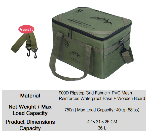 Green tactical camping storage bag with zip lid, front pocket, and adjustable shoulder strap.