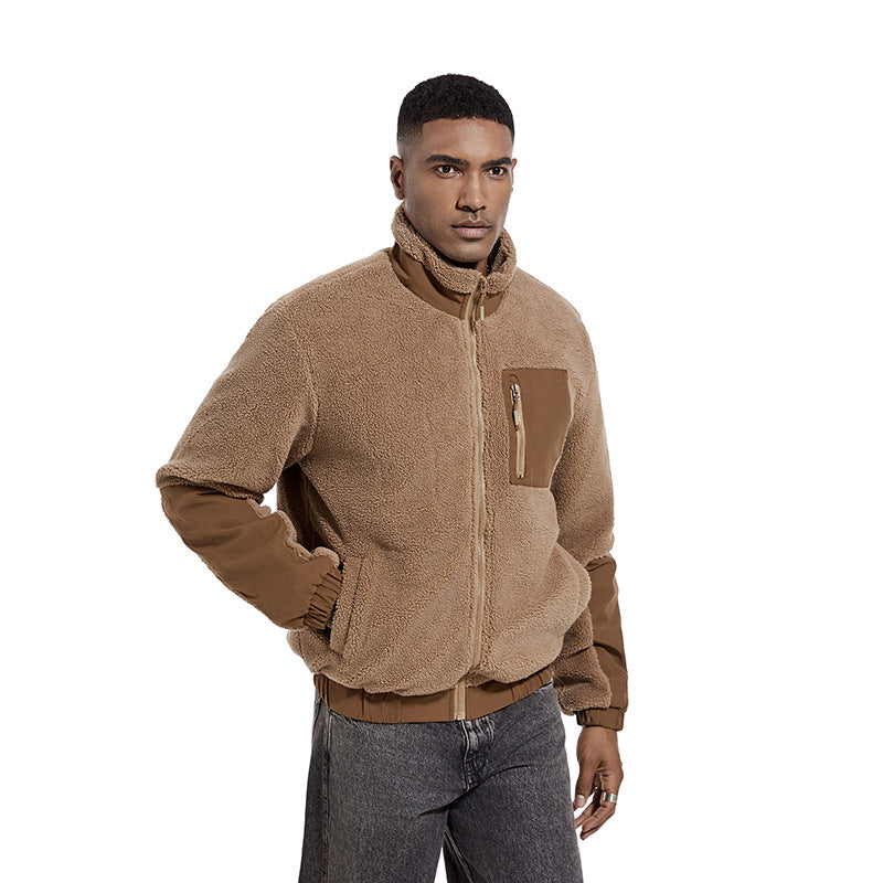 Men's color block sherpa fleece zip jacket in tan, stand collar and zip pocket