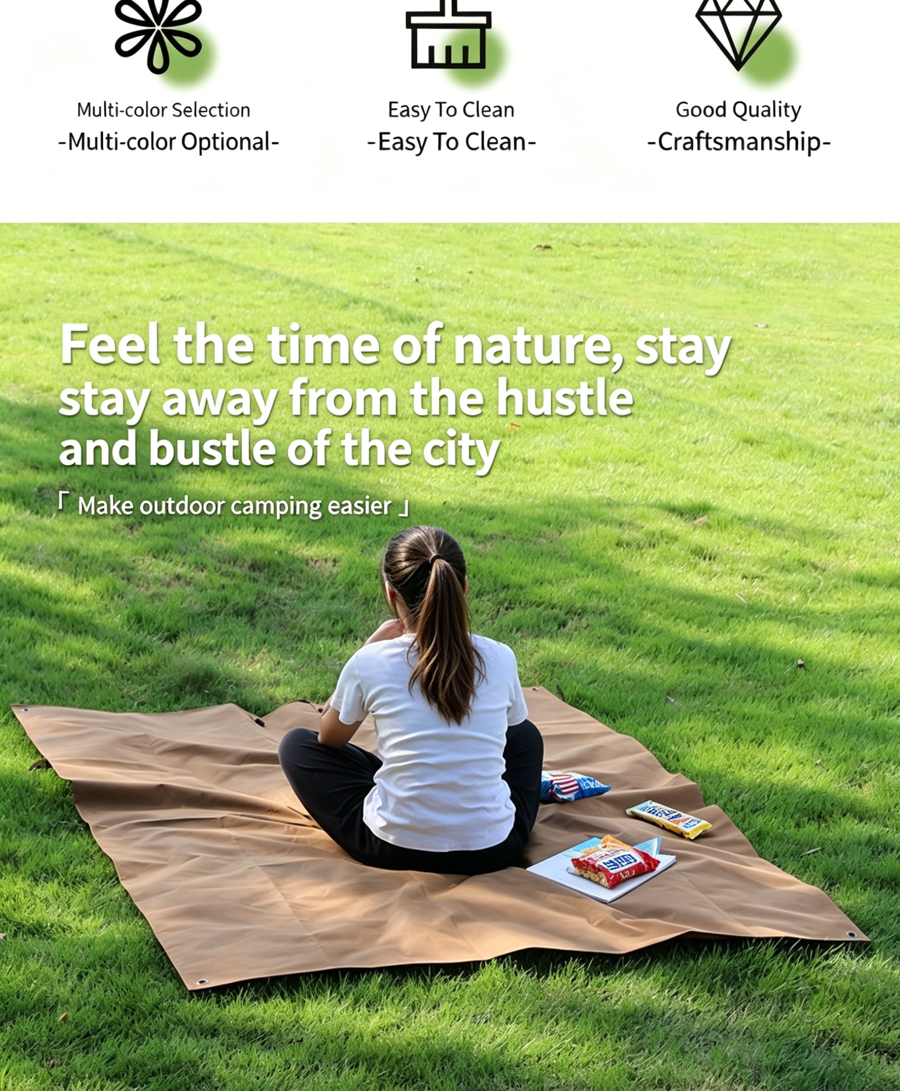 Khaki waterproof picnic mat spread on grass with snack packs and user seated