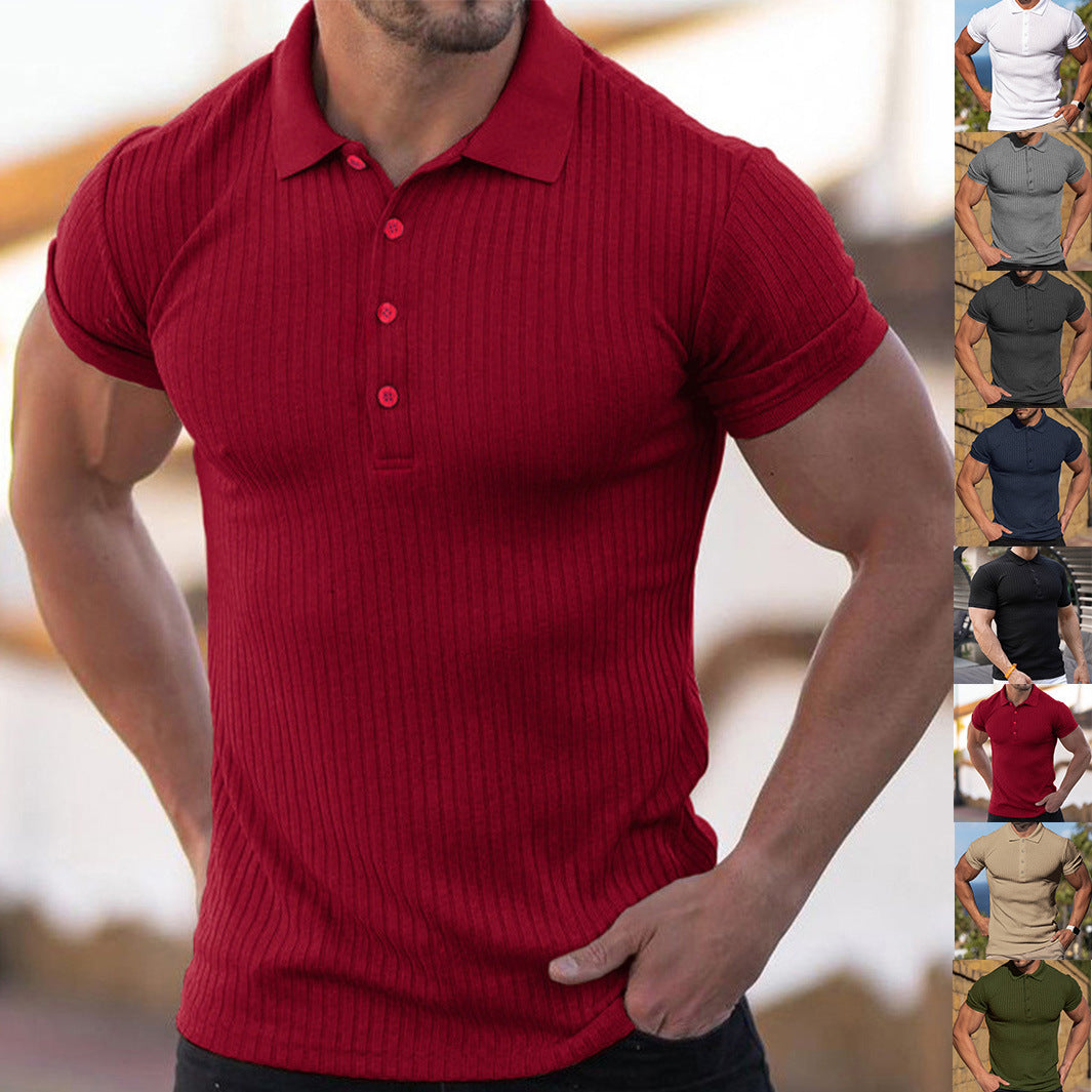 Men's vertical ribbed stretch polo shirt in red, short sleeves, button placket, collared neckline