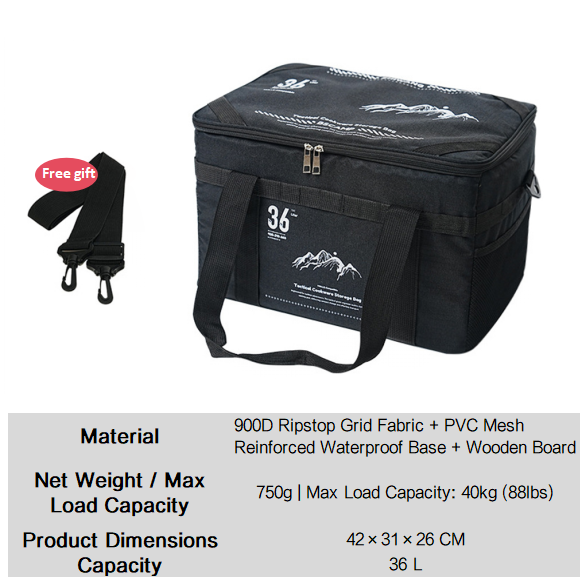 Black tactical camping storage bag with zip lid, front pocket, and adjustable shoulder strap.