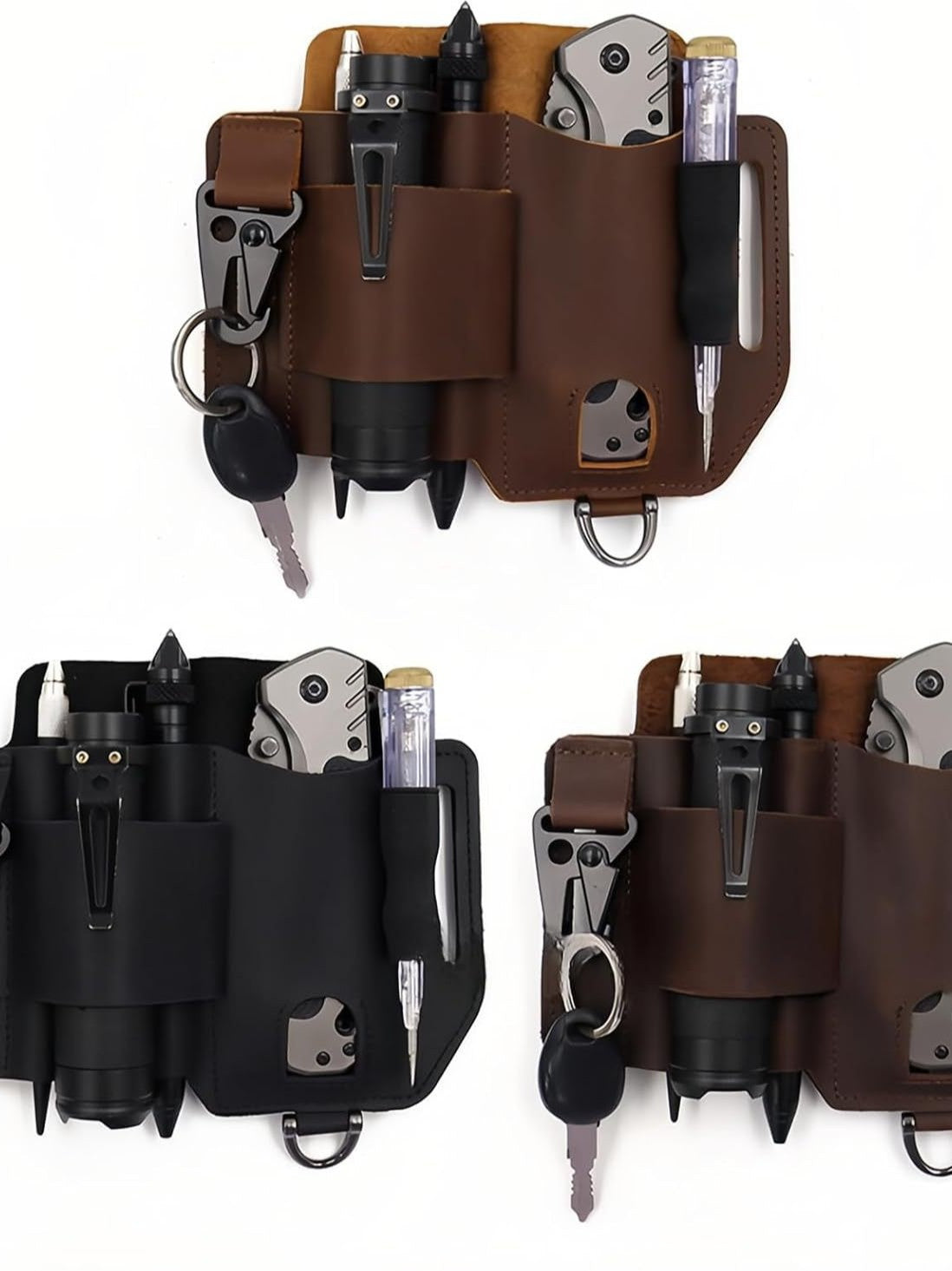 Leather tool waist pouch shown in brown and black with tool slots and belt loops