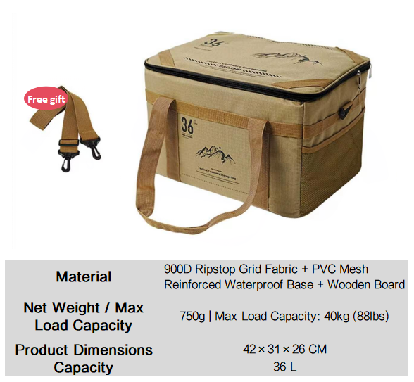 Khaki tactical camping storage bag with zip lid, front pocket, and adjustable shoulder strap.