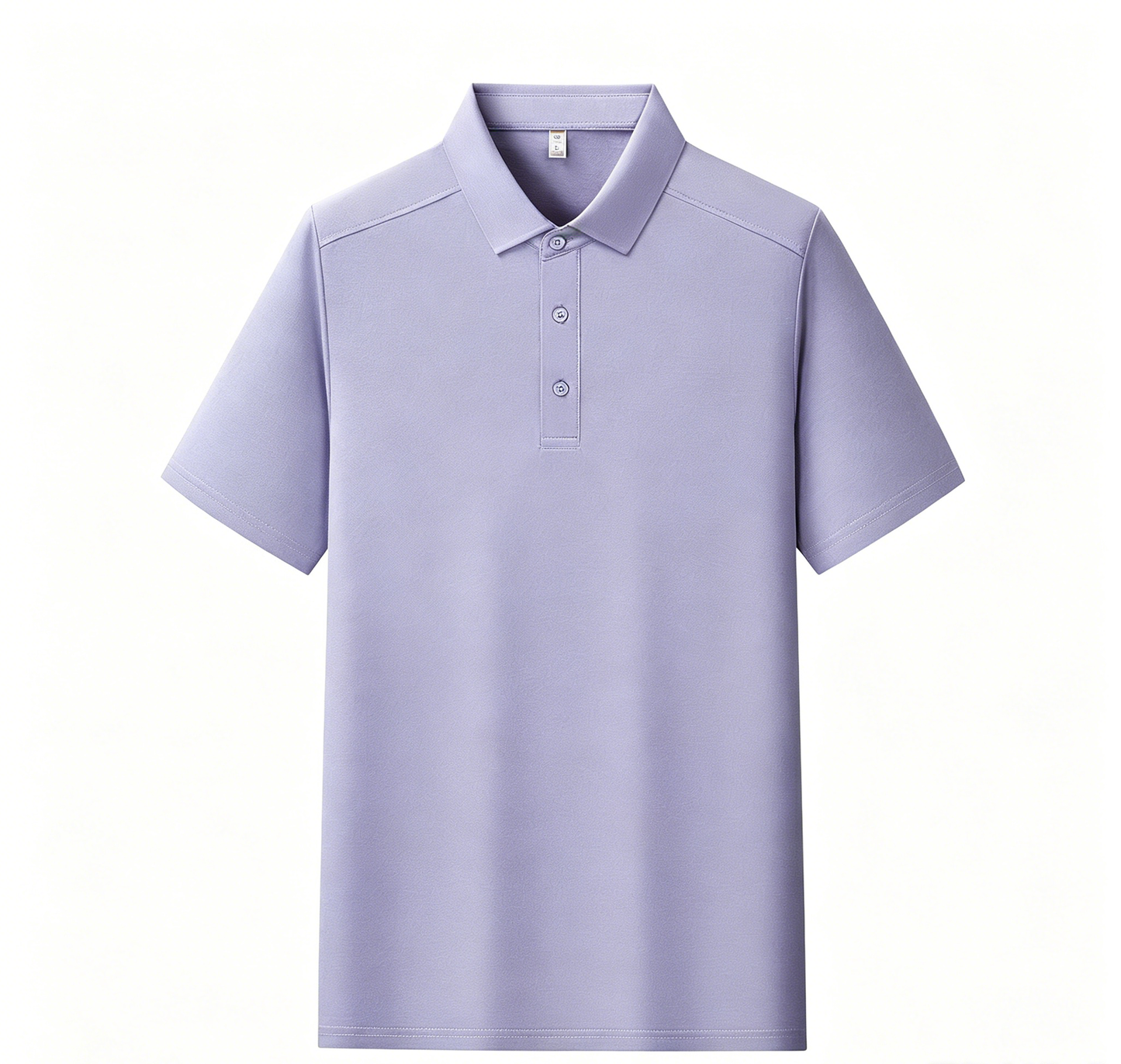 Men's polo shirt, short sleeves, lavender with button placket and folded collar.