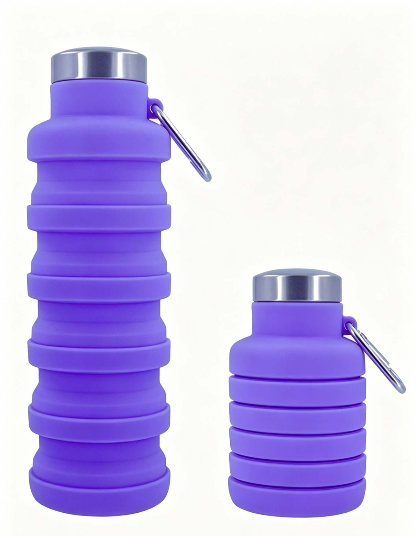 Collapsible silicone water bottle, purple with metal lid and pull loop handle