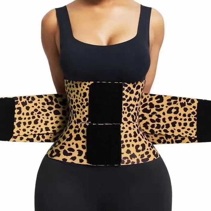 Leopard print waist trainer belt with black center panel and wide wrap bands