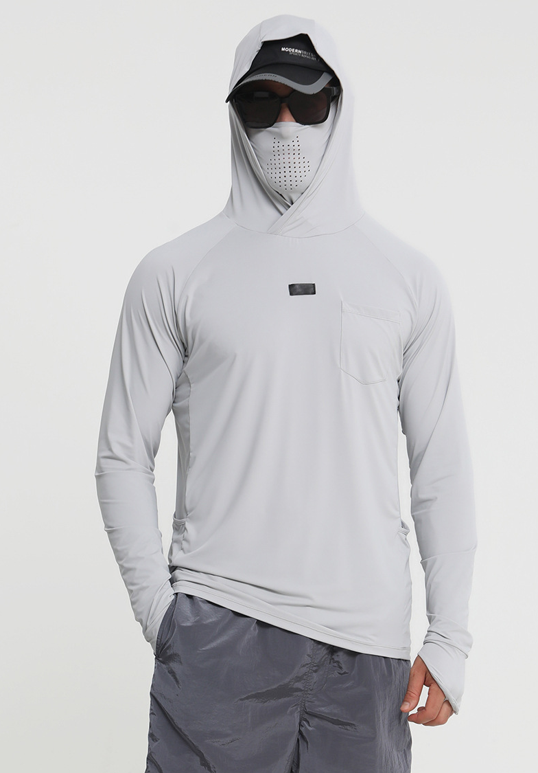 Quick-dry fishing sun hoodie in light gray with hood up and mesh face panel