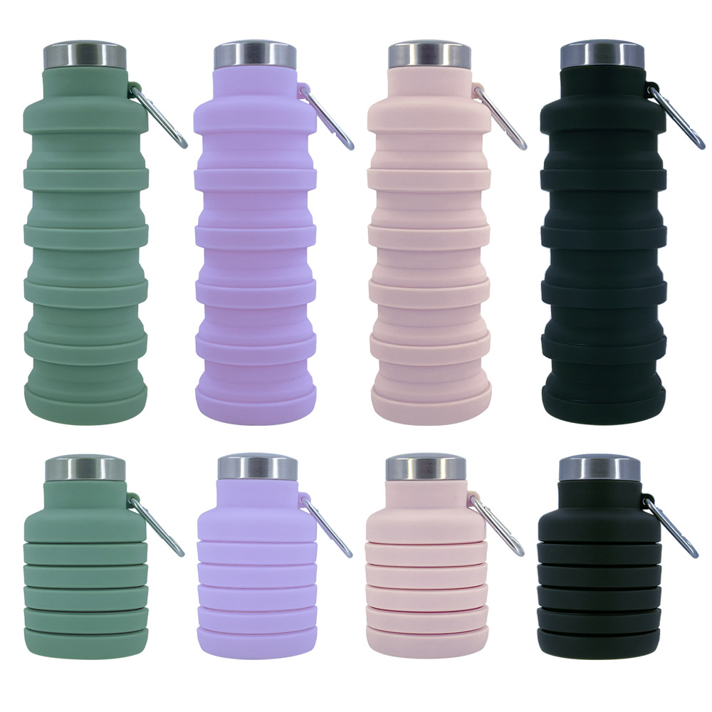 Collapsible silicone water bottles, set of assorted colors with metal lids and pull loop handles