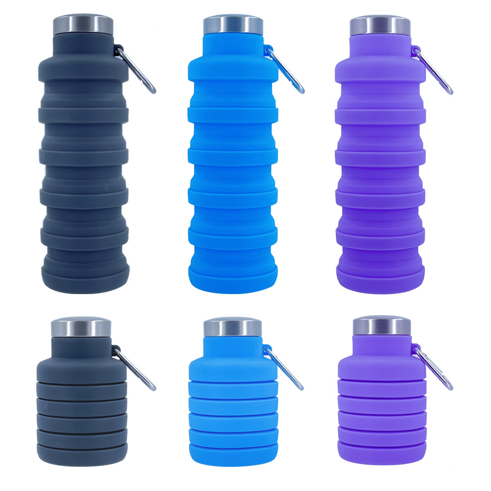 Collapsible silicone water bottles, blue and purple and dark colors with metal lids and pull loop handles