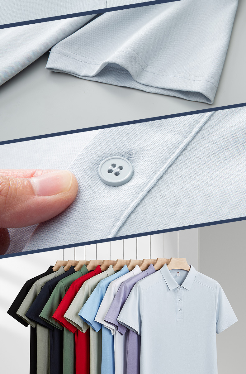 Men's polo shirt fabric and button close-up on multi-color display