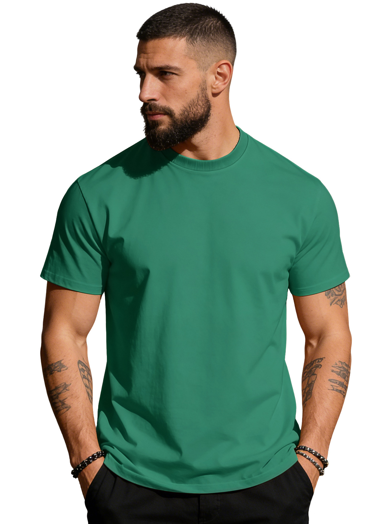 Men's solid crew neck basic tee, green, short sleeves