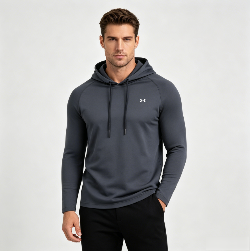 Men's sun protection hooded tee in dark gray-blue with drawstring hood and chest logo