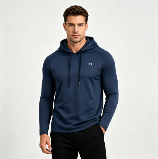 Men's sun protection hooded tee in navy blue with drawstring hood and front logo