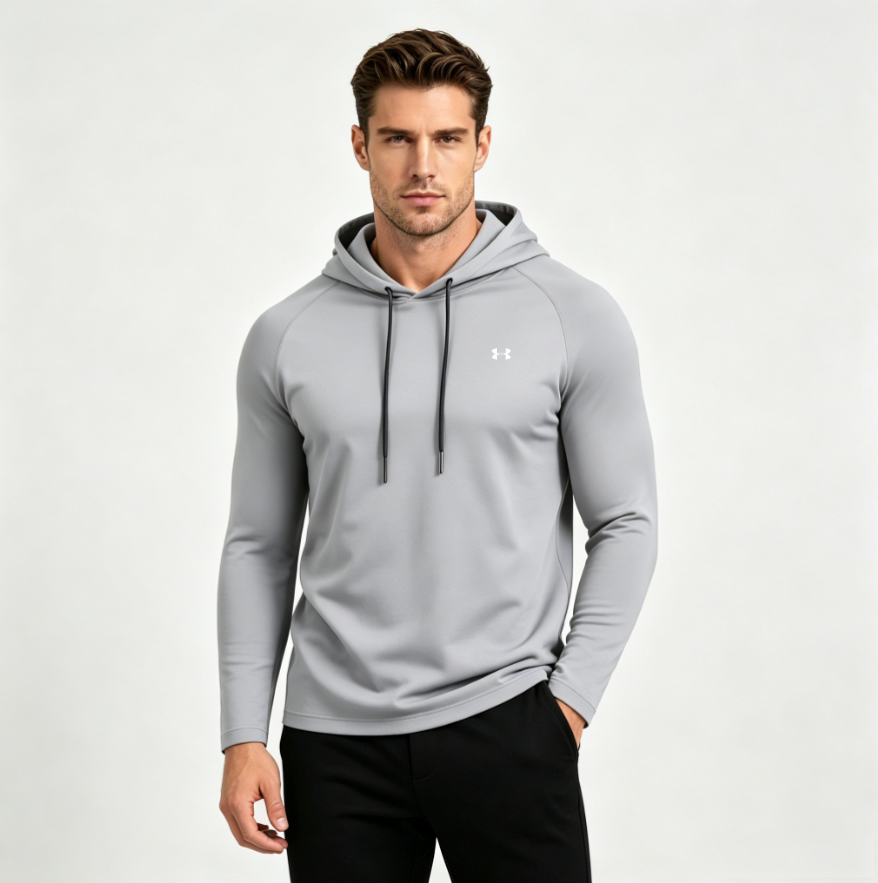 Men's sun protection hooded tee in light gray with drawstring hood and chest logo