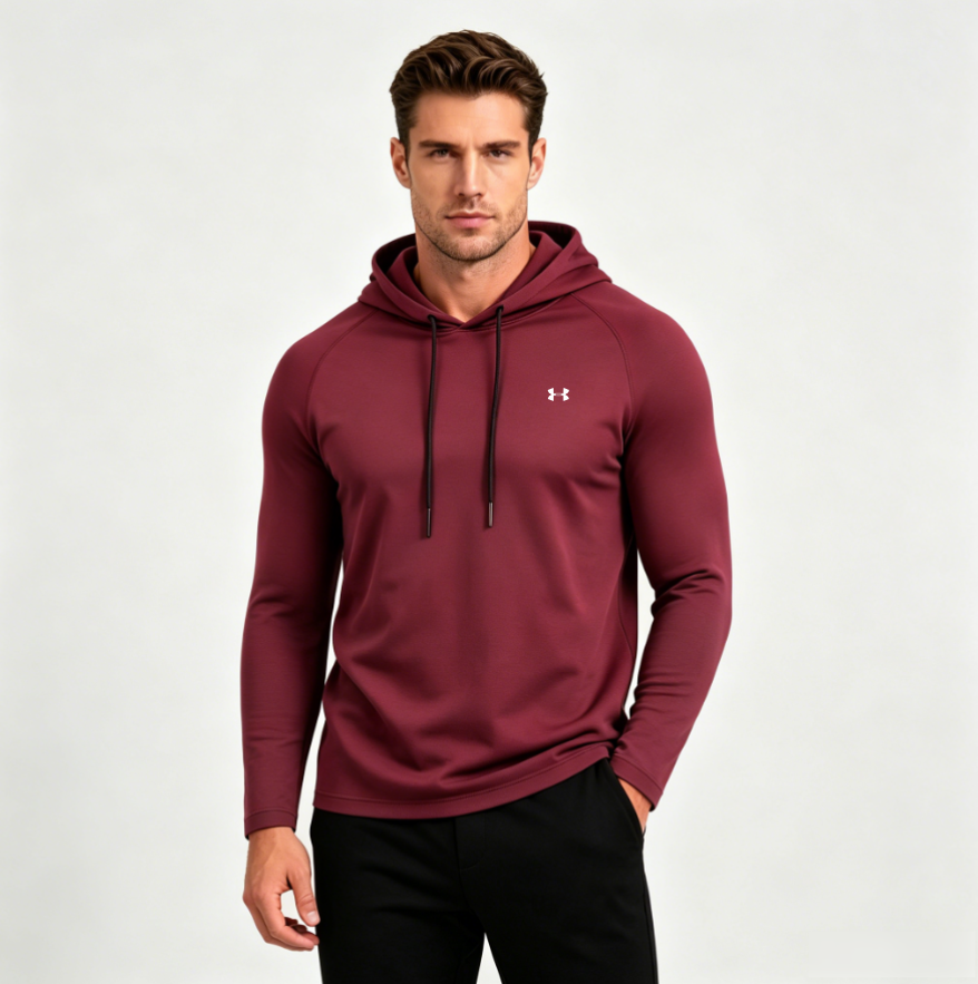 Men's sun protection hooded tee in burgundy with drawstring hood and small chest logo