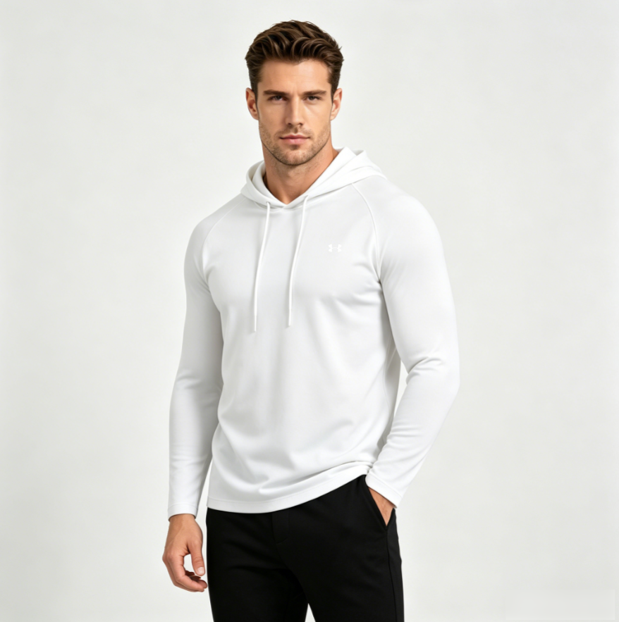 Men's sun protection hooded tee in white with drawstring hood and small chest logo