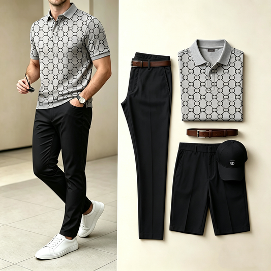 Men's 4-in-1 outfit set: light patterned polo, black pants, black shorts, dark cap
