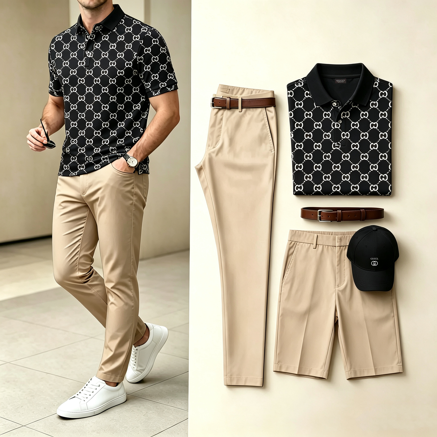 Men's 4-in-1 outfit set: black patterned polo, beige pants, beige shorts, beige cap