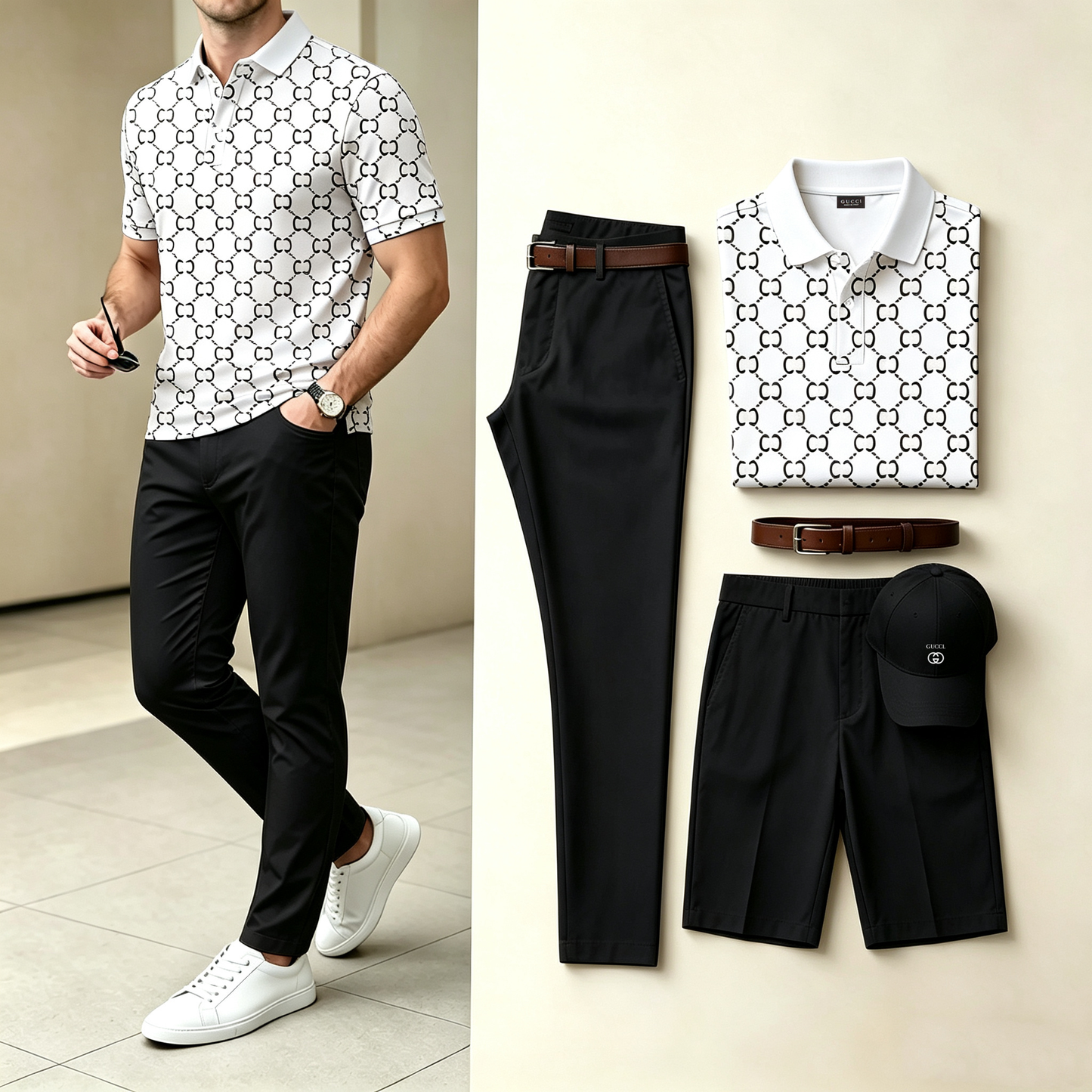 Men's 4-in-1 outfit set: white patterned polo, black pants, black shorts, dark cap
