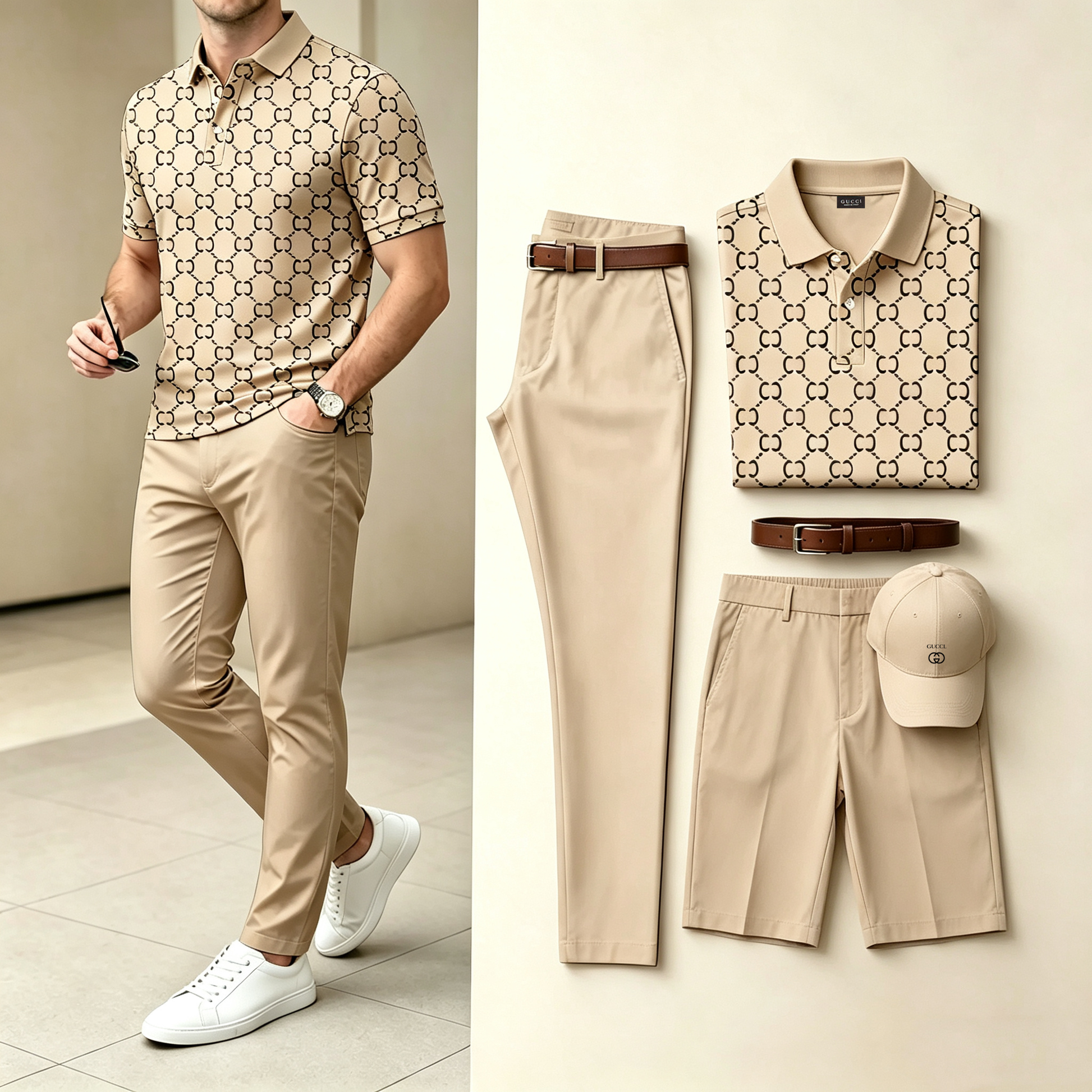 Men's 4-in-1 outfit set: tan patterned polo, beige pants, beige shorts, beige cap