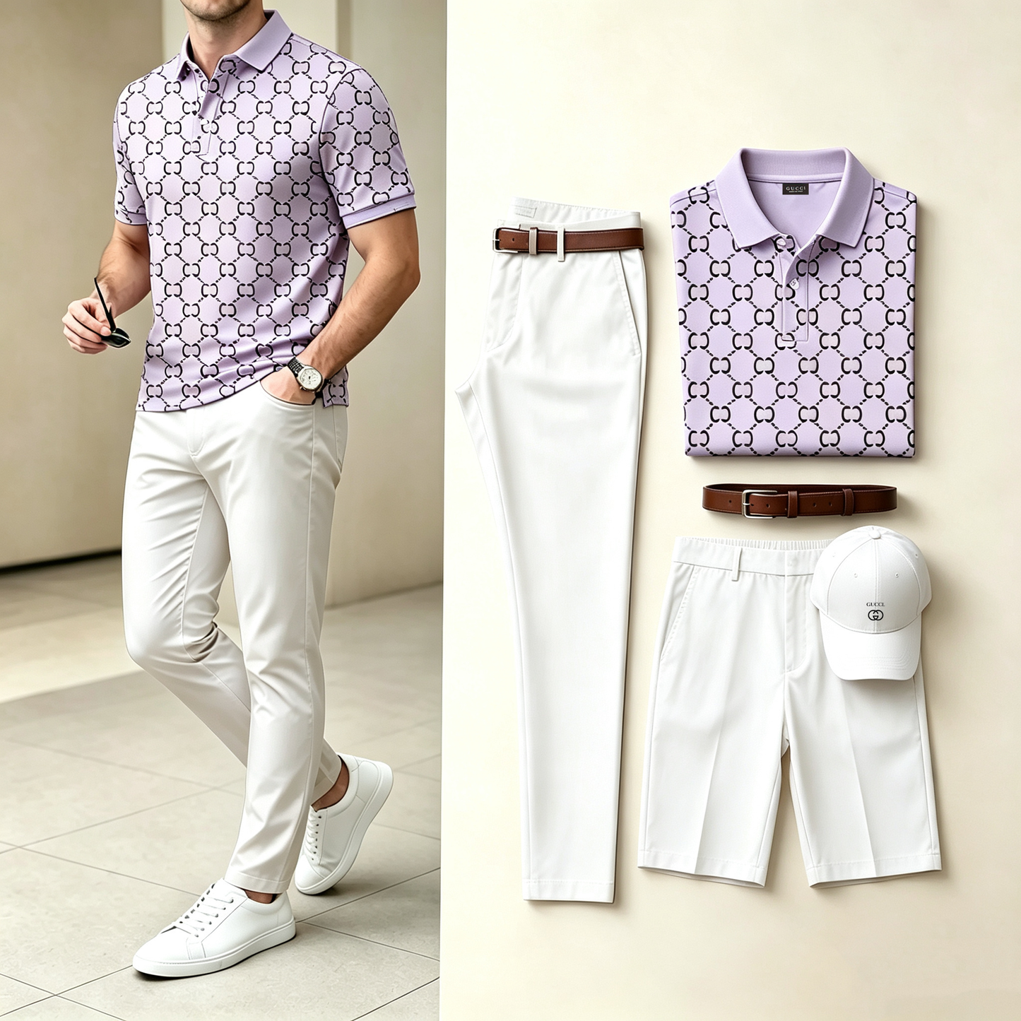 Men's 4-in-1 outfit set: lavender patterned polo, white pants, white shorts, white cap