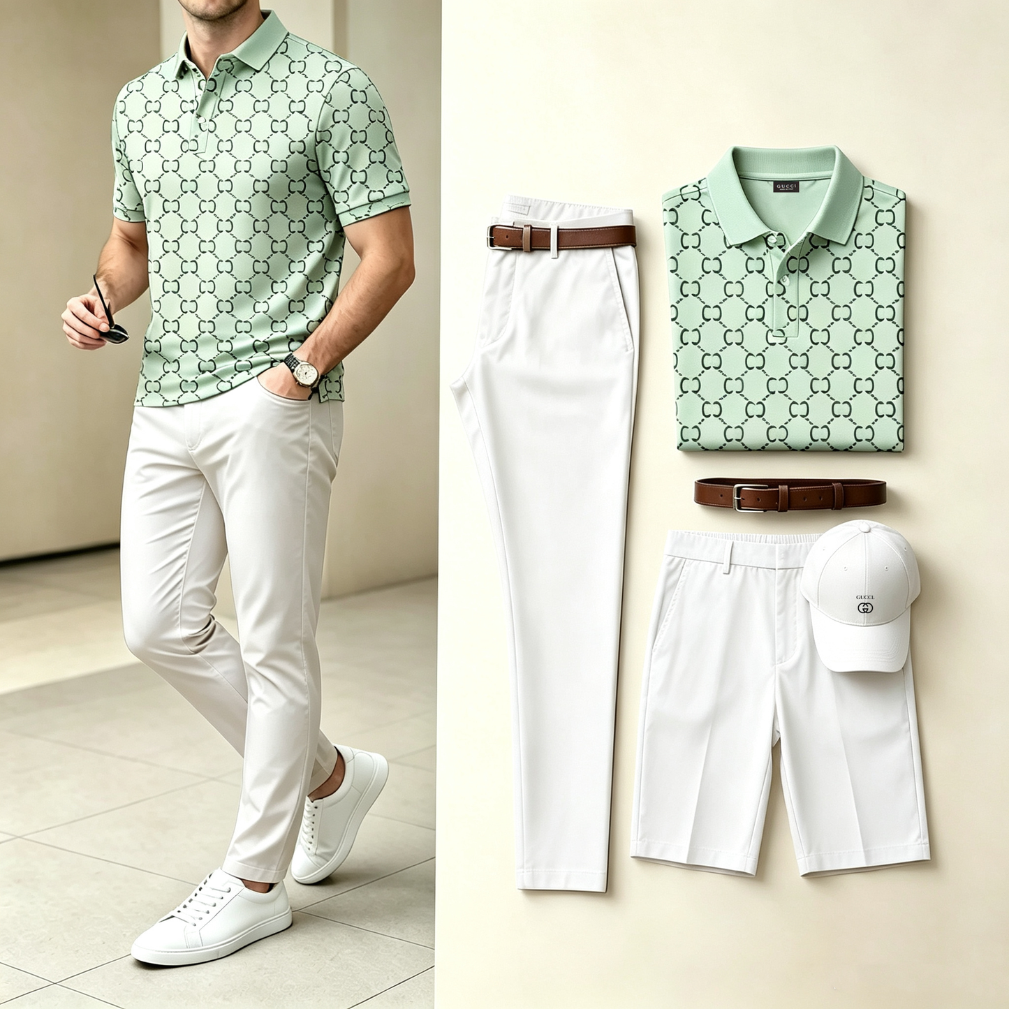 Men's 4-in-1 outfit set: green patterned polo, white pants, white shorts, white cap