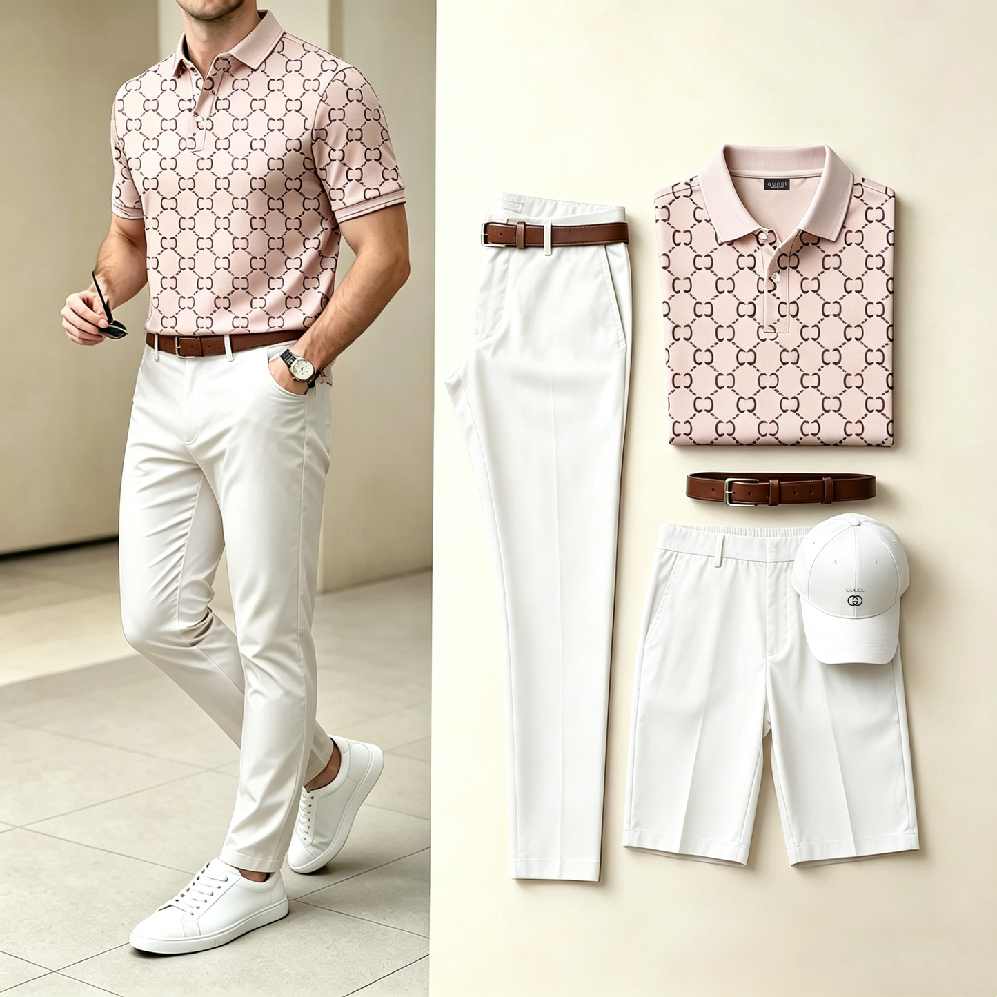 Men's 4-in-1 outfit set: pink patterned polo, white pants, white shorts, white cap