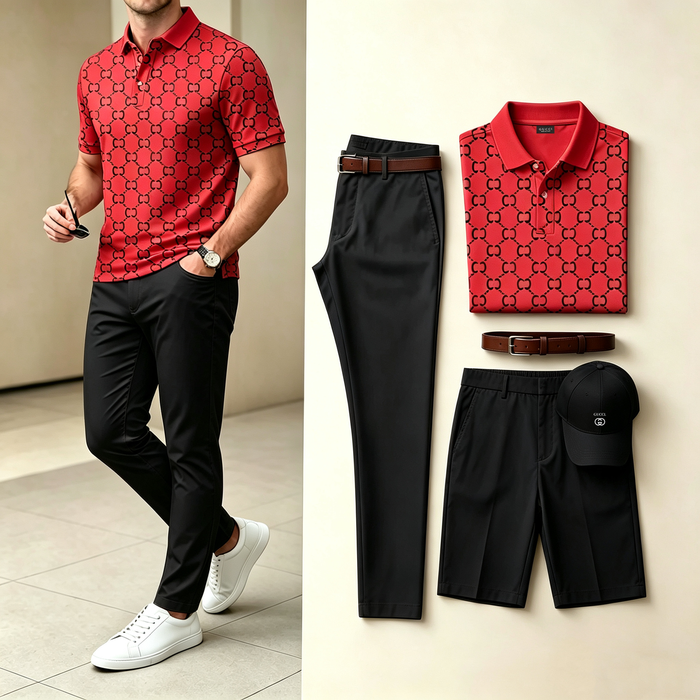 Men's 4-in-1 outfit set: red patterned polo, black pants, black shorts, black cap