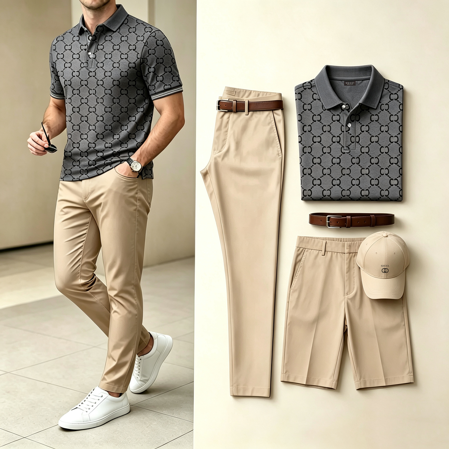 Men's 4-in-1 outfit set: dark gray patterned polo, beige pants, beige shorts, beige cap
