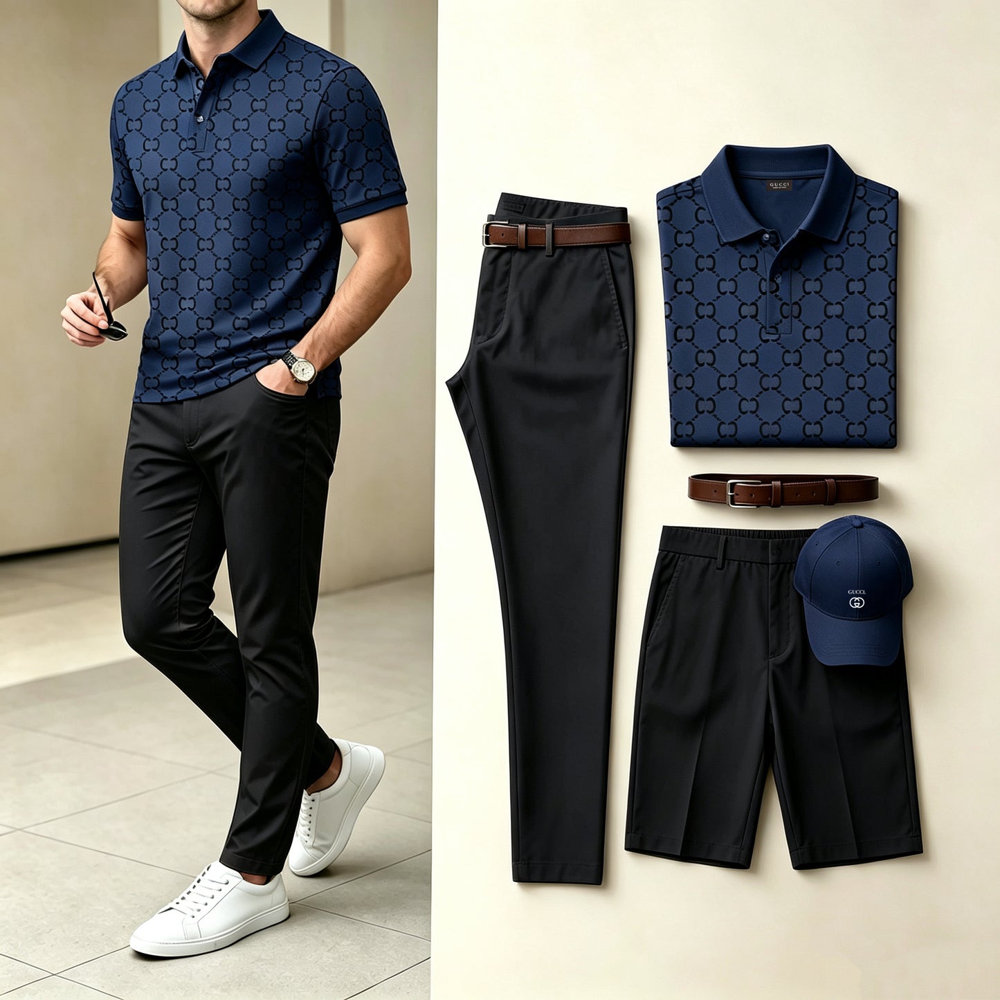 Men's 4-in-1 outfit set: navy patterned polo, black pants, black shorts, navy cap