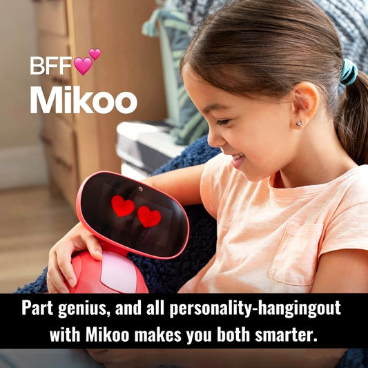Pink kids AI educational robot held by a child, screen shows red heart icons