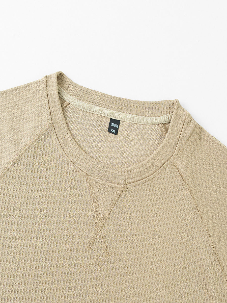 Men's waffle knit tee neckline detail in khaki, crew neck with small inner tag