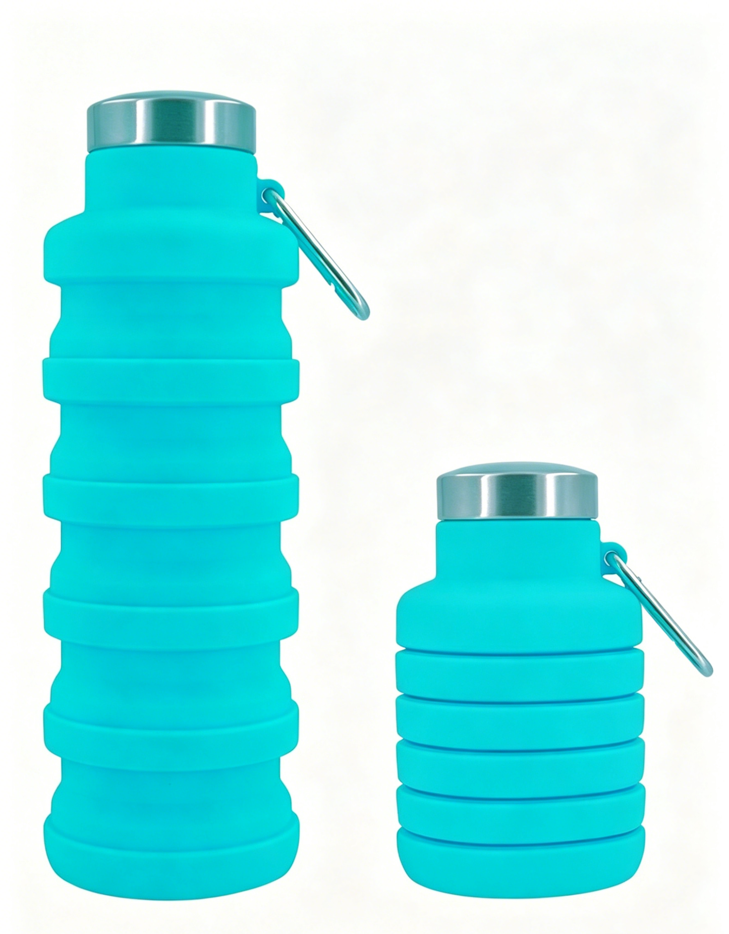 Teal collapsible silicone water bottle with metal cap and loop handle, ribbed body