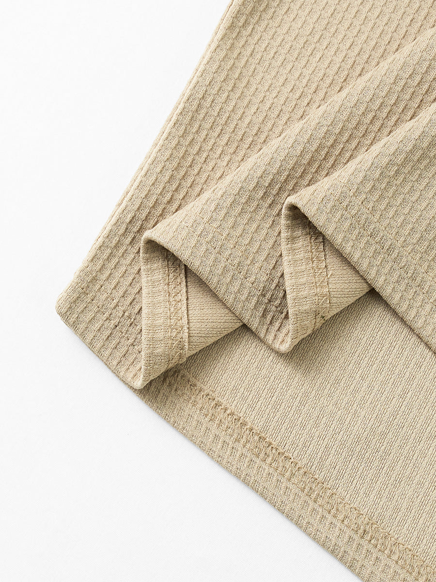 Men's waffle knit tee cuff and hem detail in khaki, short sleeve edges