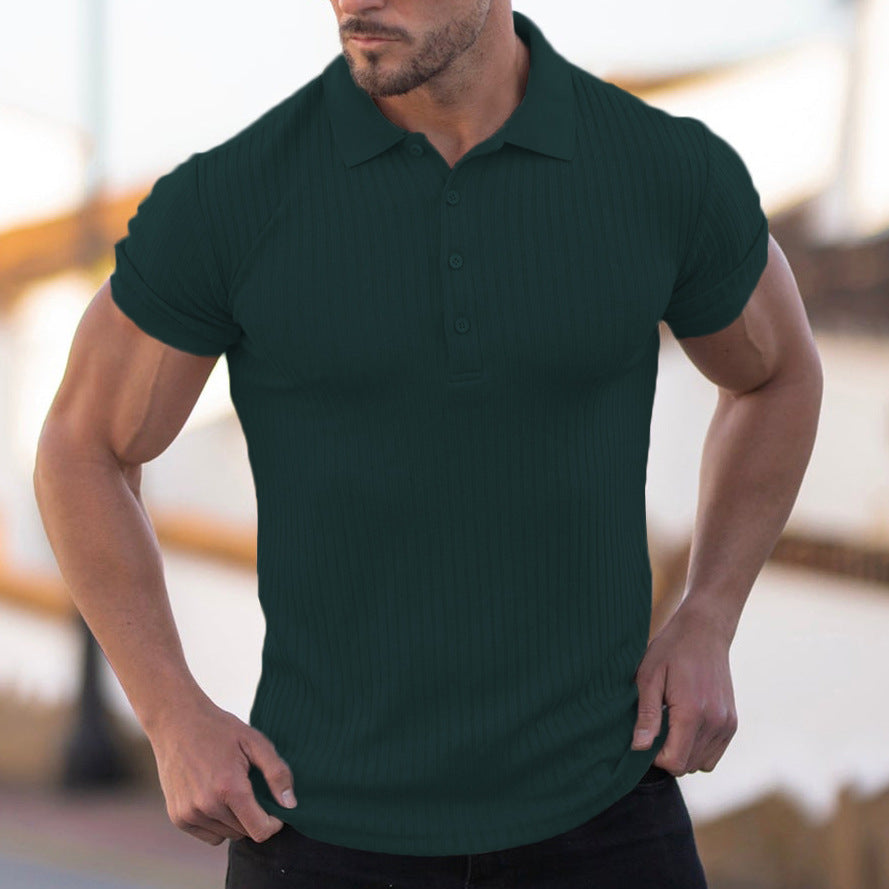 Men's ribbed stretch polo shirt, deep green, short sleeves with button placket