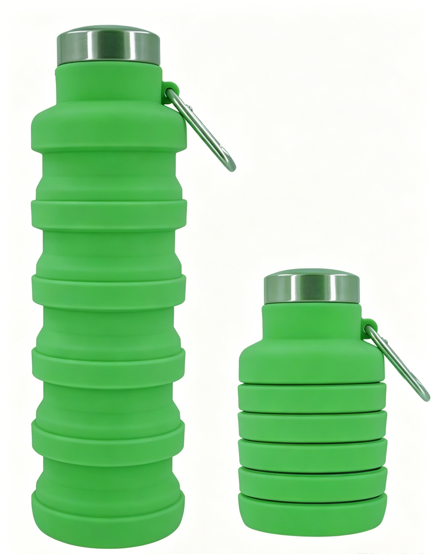 Collapsible silicone water bottle, green with metal lid and pull loop handle