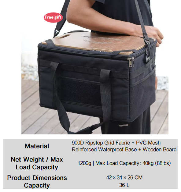 Black tactical camping storage bag with tabletop lid, side handles, and front organizer pocket.