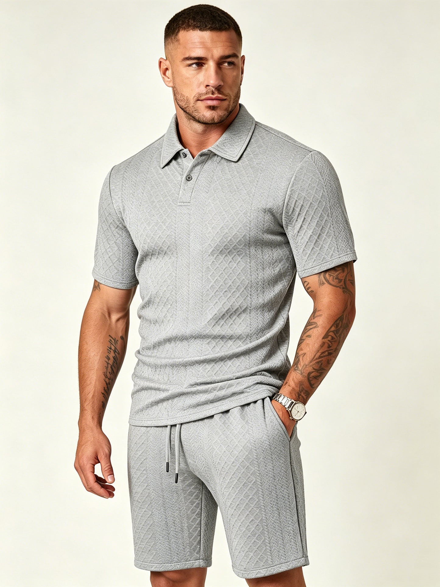 Men's textured polo and matching shorts set in gray, short-sleeve button-front polo