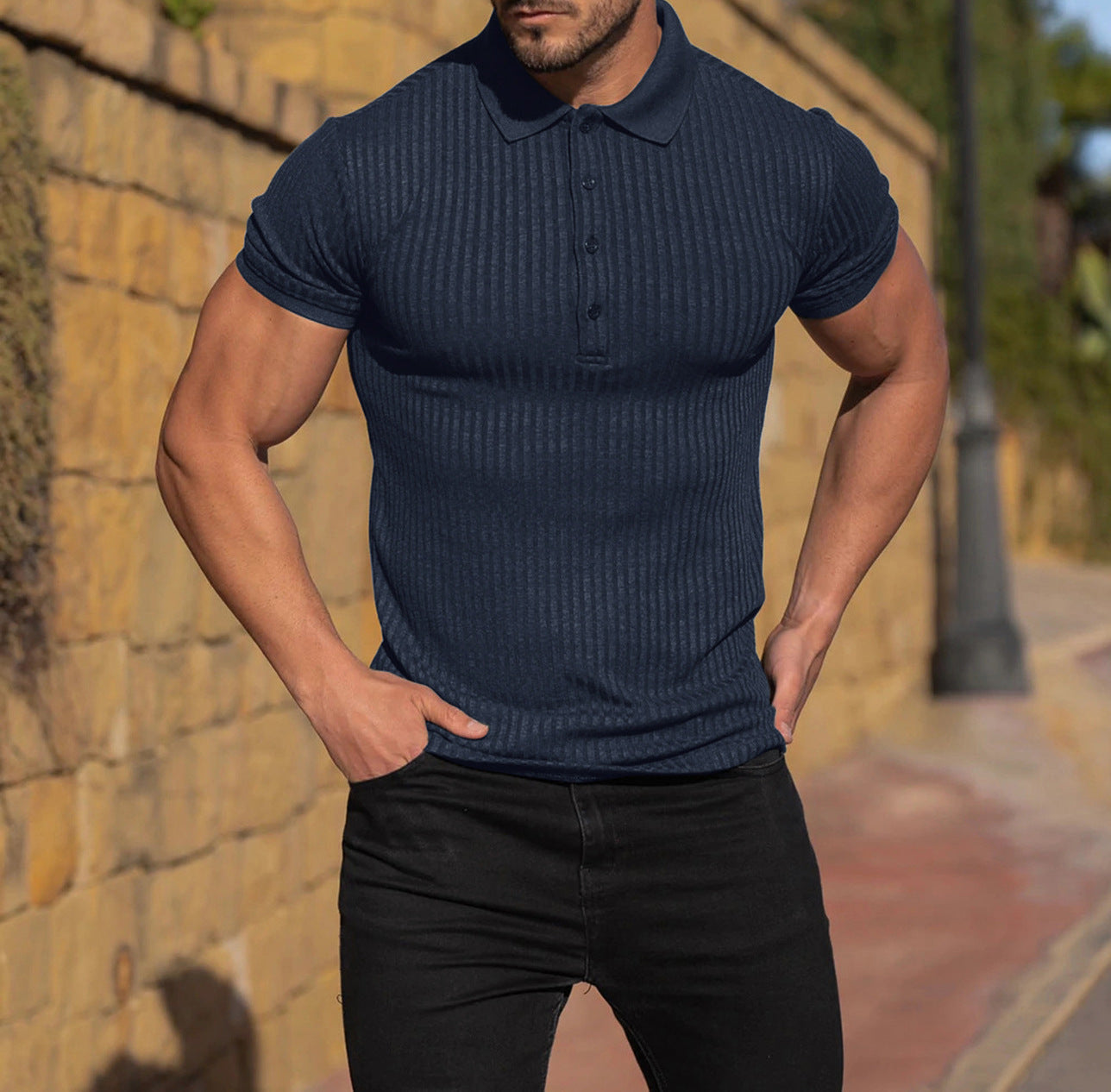 Men's ribbed stretch polo shirt, dark navy, collared short sleeves with buttons