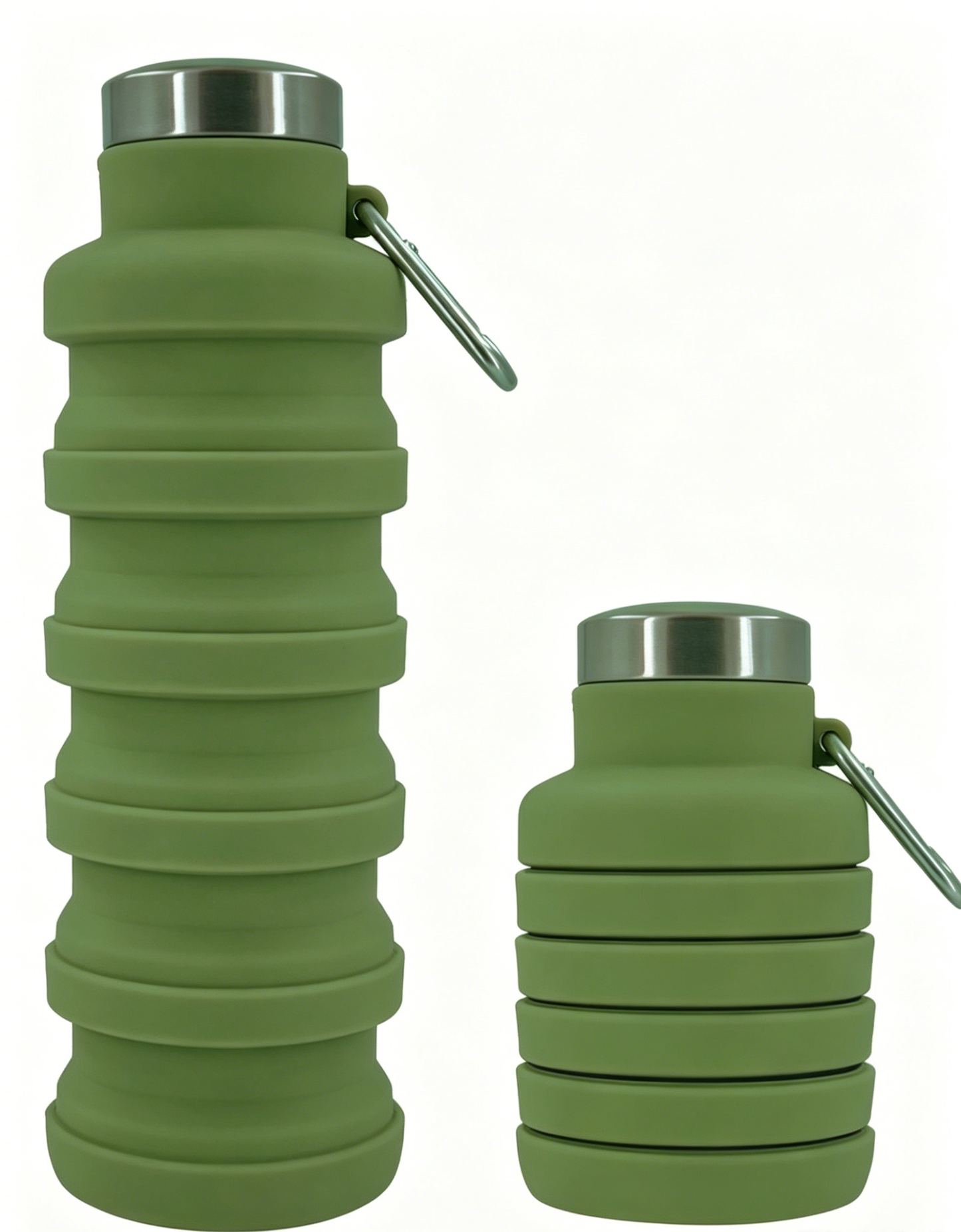 Olive green collapsible silicone water bottle with metal cap and loop handle, ribbed body