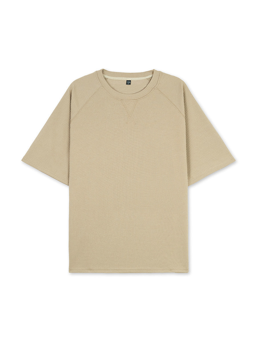 Men's waffle knit tee in khaki, crew neck and short sleeves, front flat lay