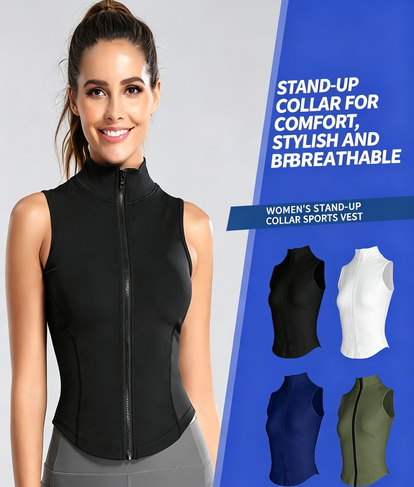 Black zip-front sleeveless running tank top with stand-up collar, fitted