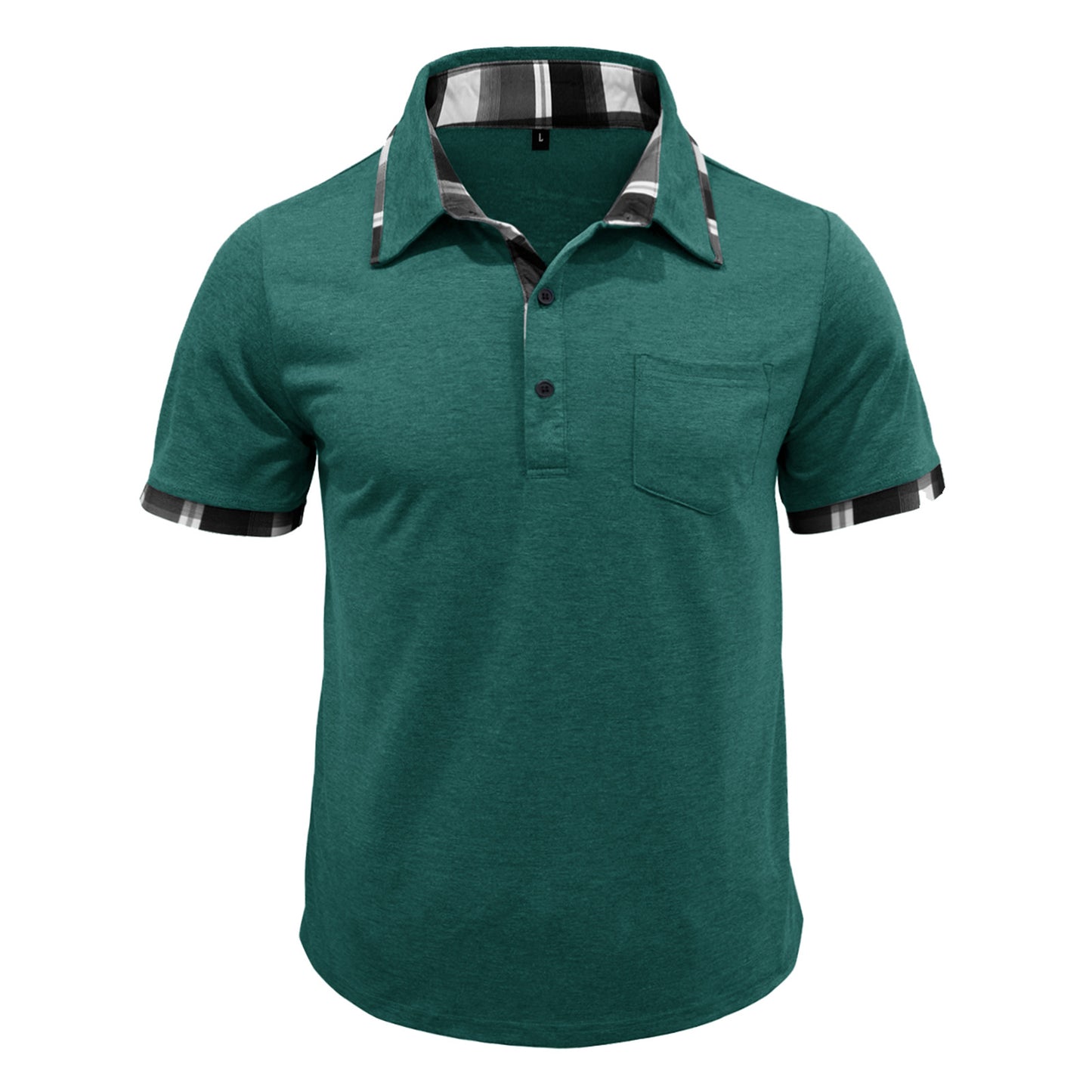 Men's plaid-trim pocket polo shirt, short sleeves, green with check collar and cuffs