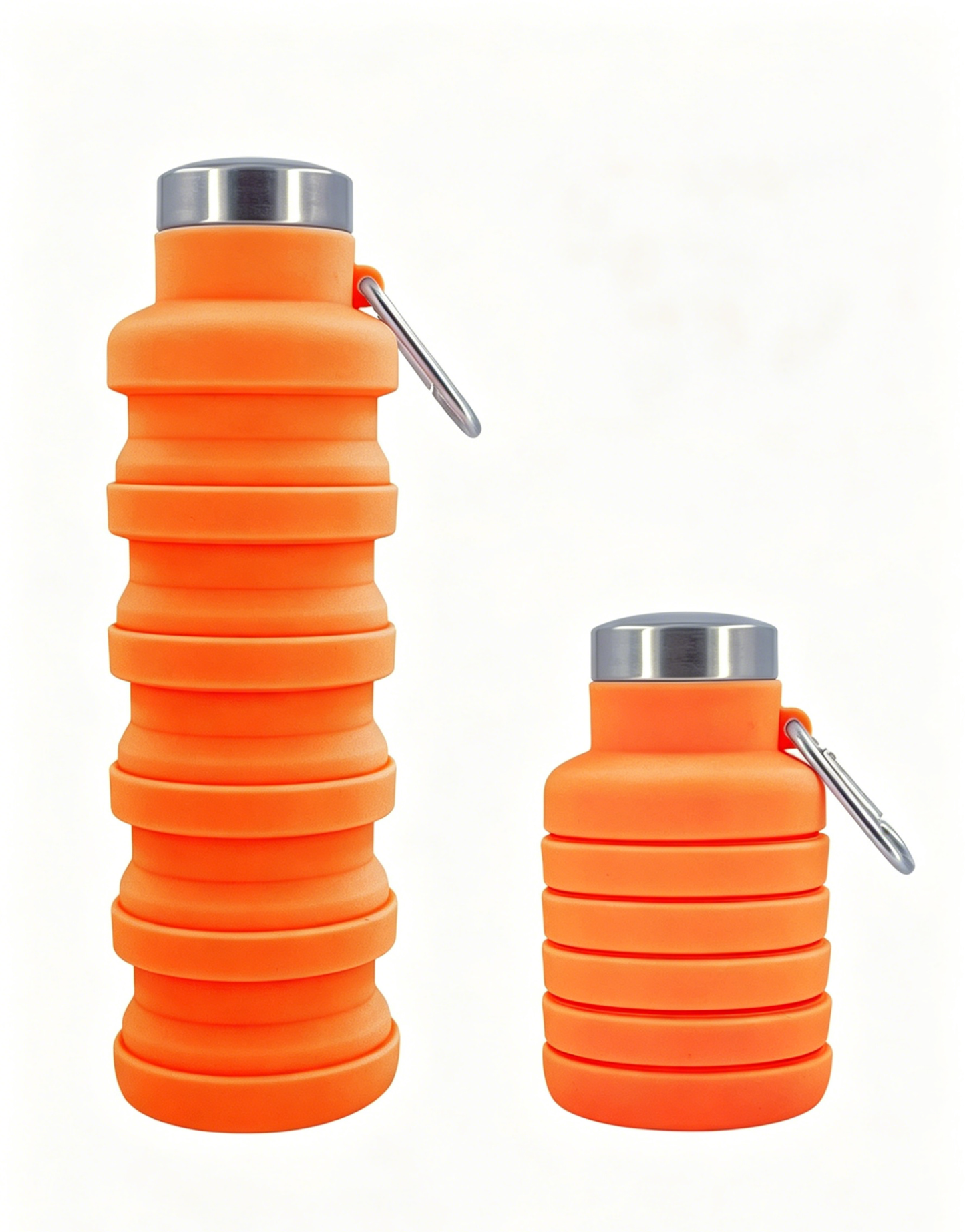 Orange collapsible silicone water bottle with metal cap and loop handle, ribbed body